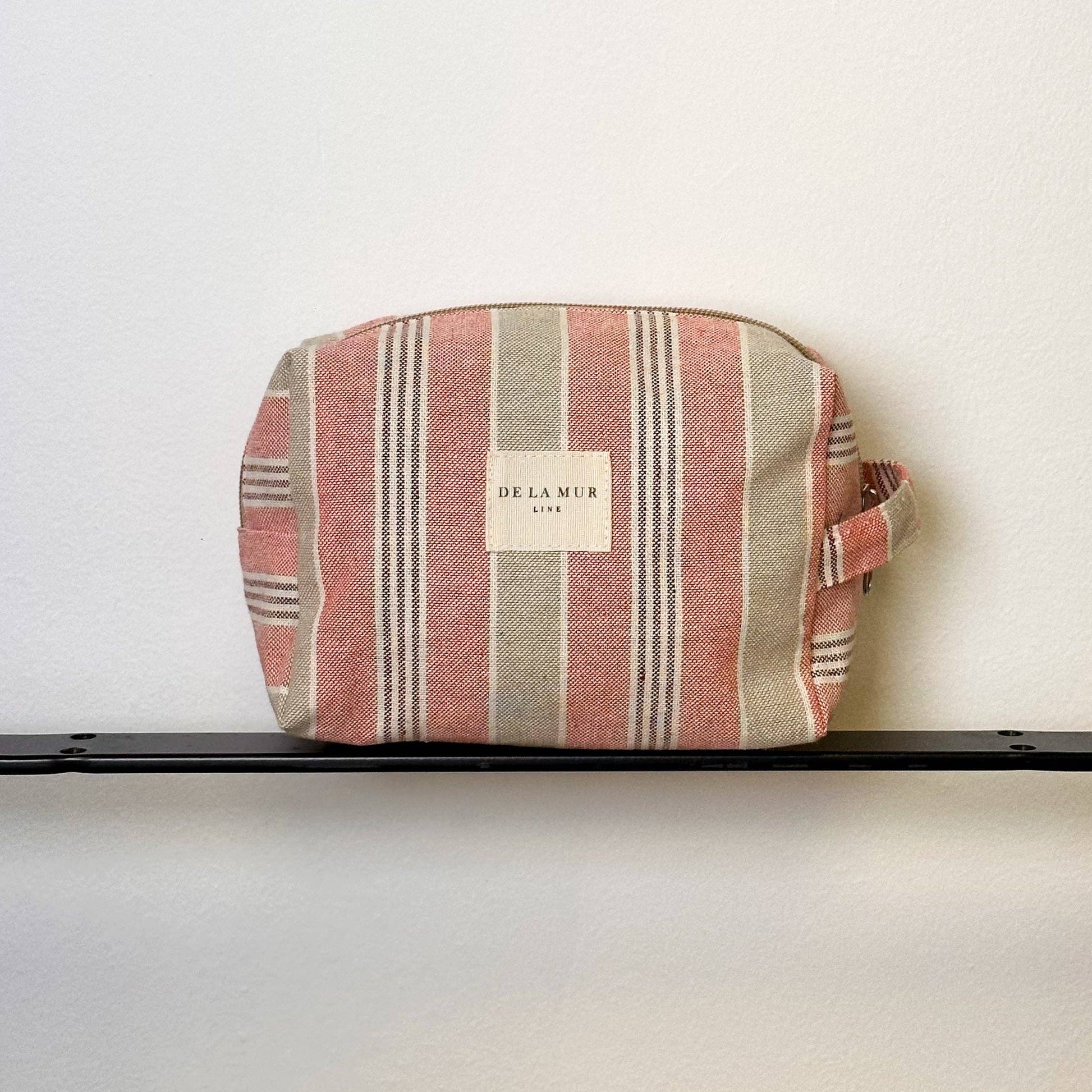beauty bag a righe grigio e corallo
